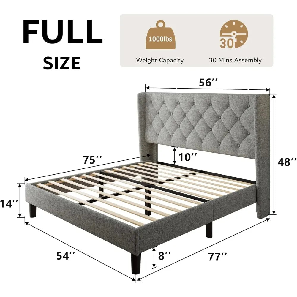 Full Size Bed Frame with Diamond Button Tufted Wingback Headboard, Upholstered Platform Bed Frame with Strong Wood Slat Support