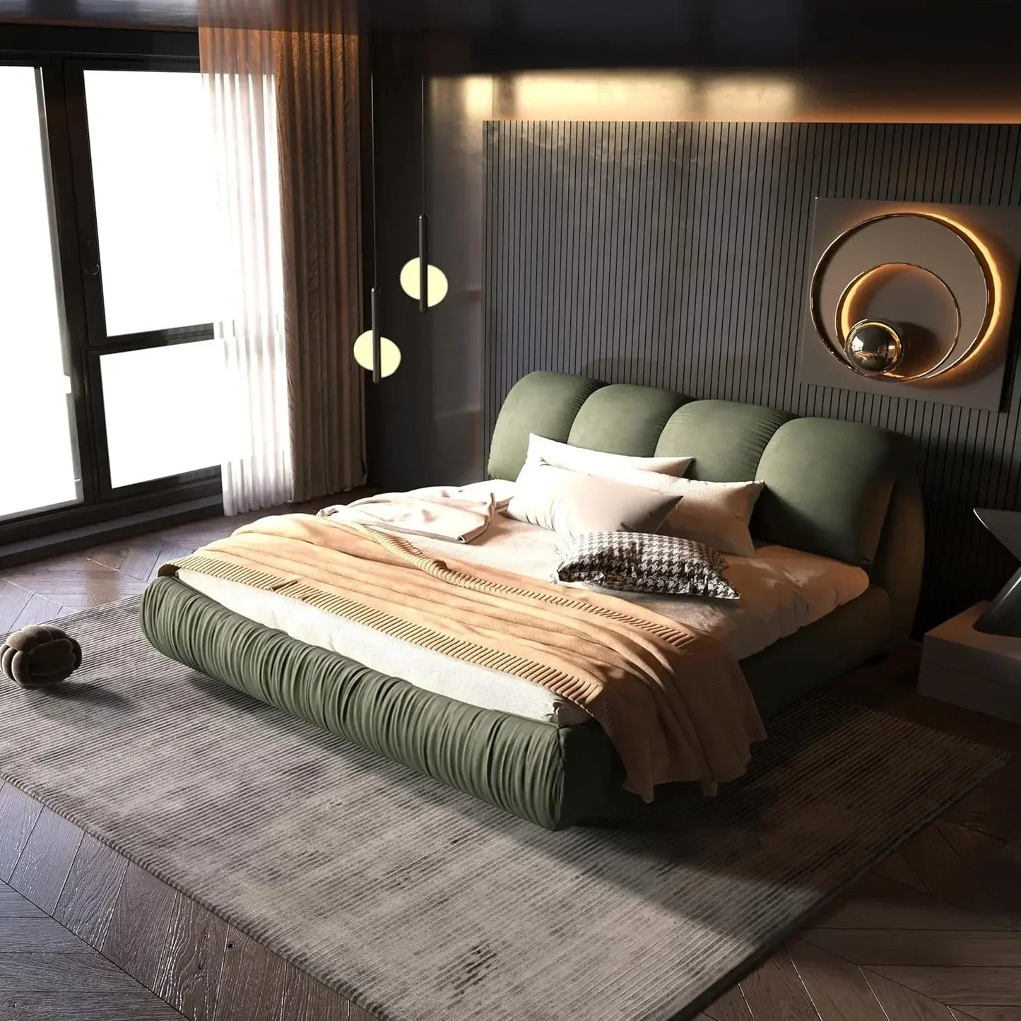 Luxury  Upholstered Platform Bed with Oversized Padded Backrest, Soft Frame Cloud Bed,Pinewooden Slats and Metal Leg