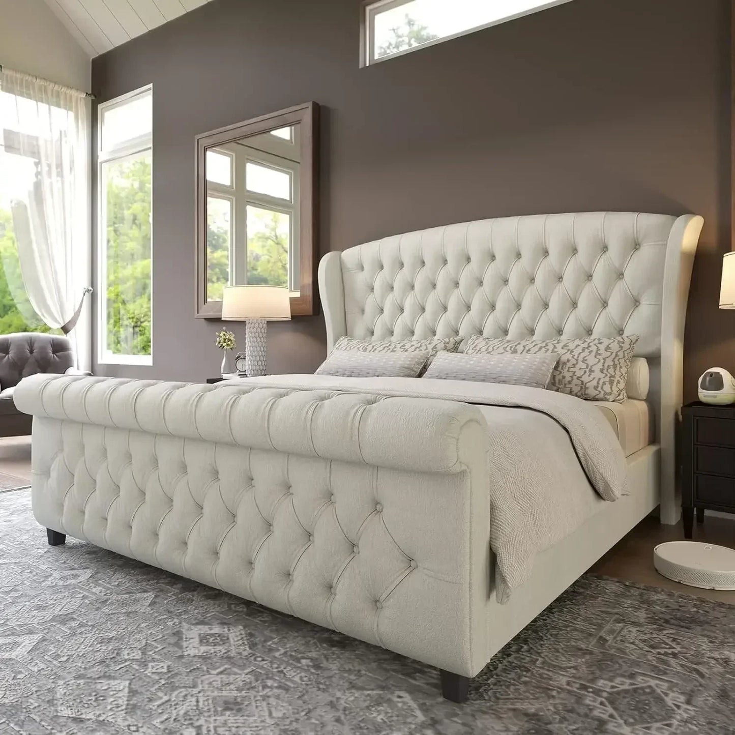 King Size Bed Frame, Chenille Upholstered Sleigh Beds with Scroll Wingback Headboard & Footboard/Button, King Size Bed Frame