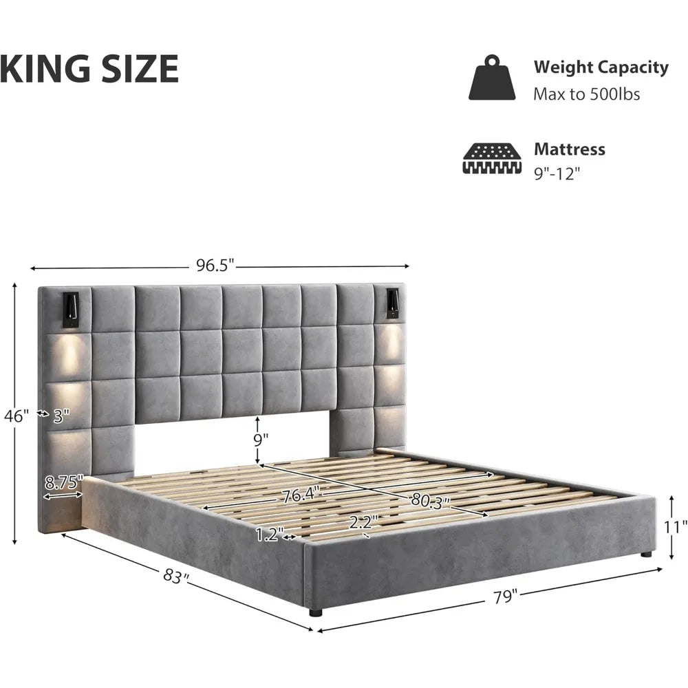 King Size Velvet Platform Bed with Adjustable Reading Lamp and USB Port, Upholstered Platform Bed with Wide Headboard and Wooden