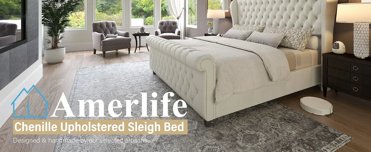 King Size Bed Frame, Chenille Upholstered Sleigh Beds with Scroll Wingback Headboard & Footboard/Button, King Size Bed Frame