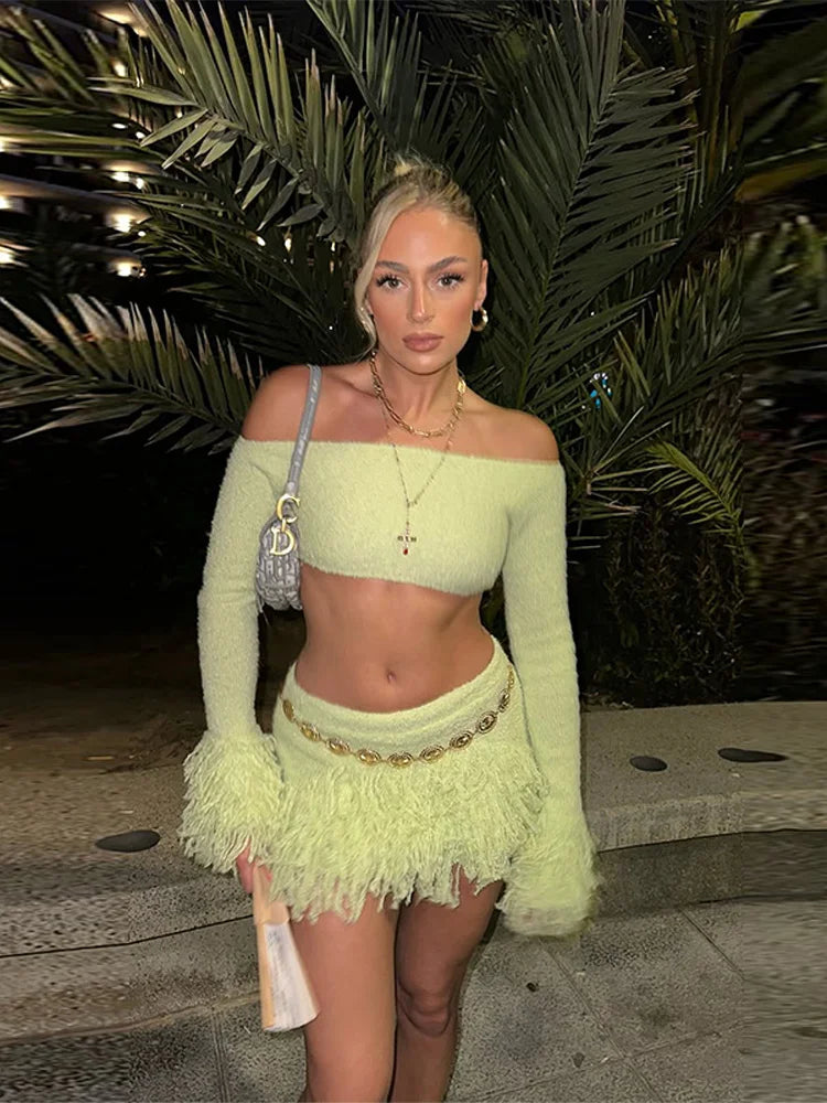 Elegant Tassel Knitted Skirt Set Women Off Shoulder Long Sleeve Crop Top Hip Package Mini Skirts Suit Summer Beach Lady Outfits