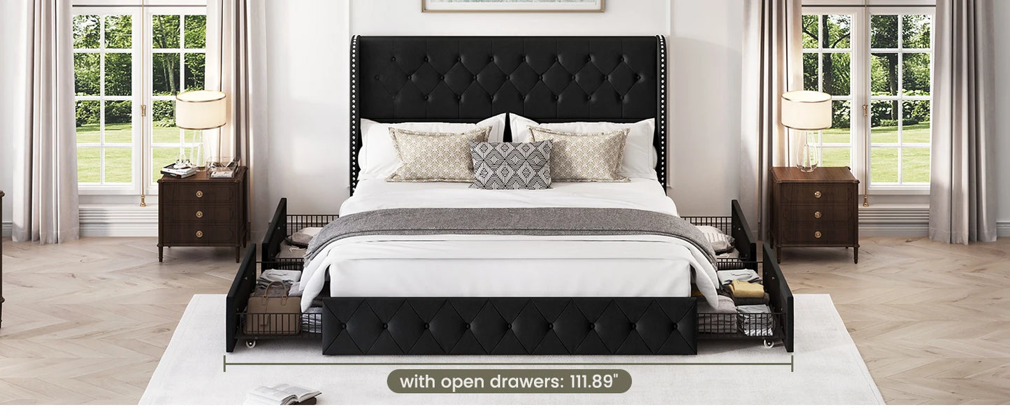 Bedroom Bed, King Size Bed Frame with 4 Storage Drawers and Tufted Headboard Velvet Upholstered Platform Bed Frame Wingback