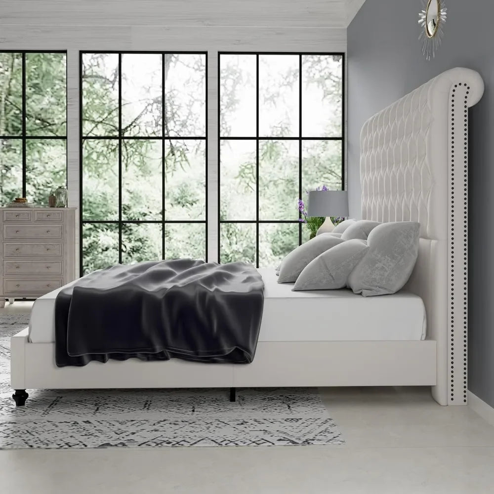 Queen Size Bed Frame with Sleigh Headboard 60" Tall Velvet Upholstered Platform Bed, No Box Spring Needed, Cream