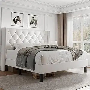 iPormis Full Size Platform Bed Frame with Button Tufted Headboard, Upholstered Bed Frame with Solid Wooden Slats, 8" Underbed Sp