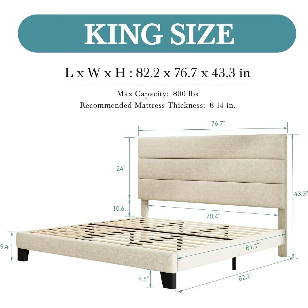 HOOMIC King Size Bed Frame with Headboard, Fabric Upholstered Platform Bed with Strong Wood Slats Support, Mattress Foundation,