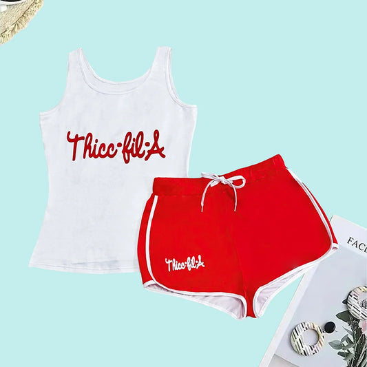 1862Europe and the United States women's fashion letter printed round neck vest shorts sport suit