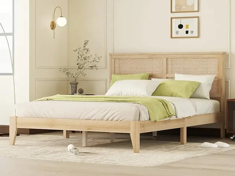 Queen Size Rattan Bed Frame, Natural Wood Bed Frame with Support Legs, Platform Beds with Rattan Headboard, Queen Bed Frame