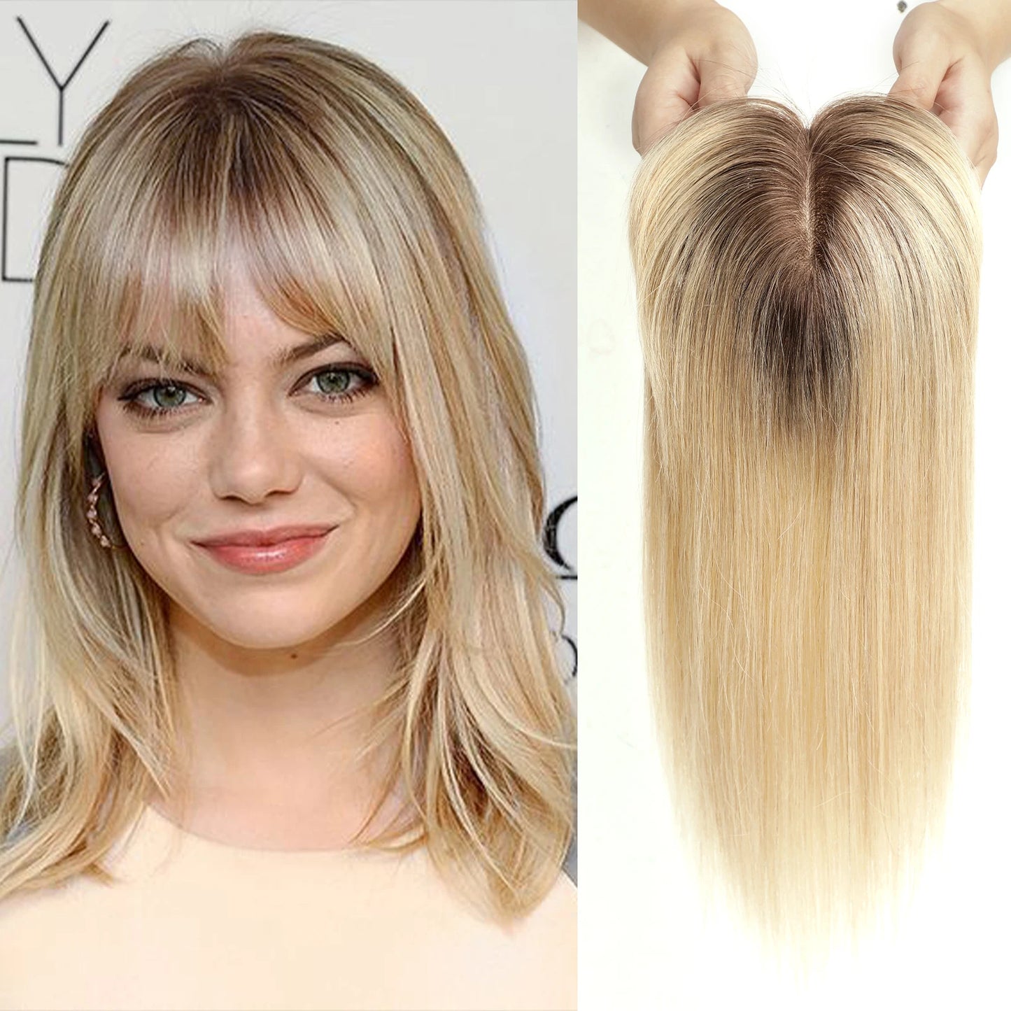Ombre Blonde 100% Remy Human Hair Toppers with Bangs Silk Base Clip in Topper Top Hair in Hair Extension for Women 10/12/14inch