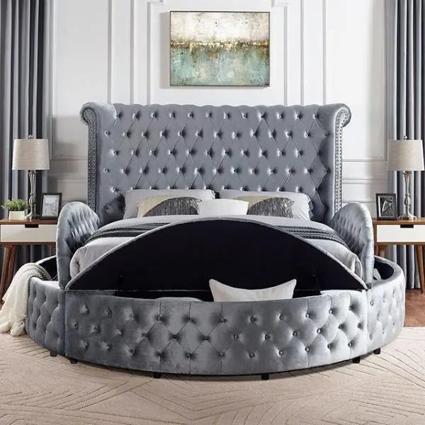 Custom Classic Wingback Divan Leather Bed Bedroom Sets Round Storage King Size Bed