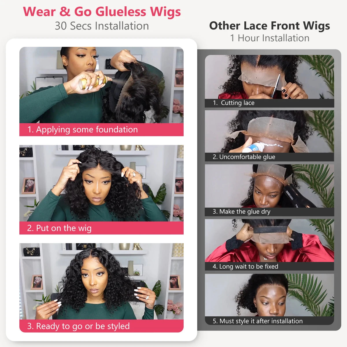 Curly Glueless Wigs Human Hair Ready to Wear Deep Wave Lace Front Wigs