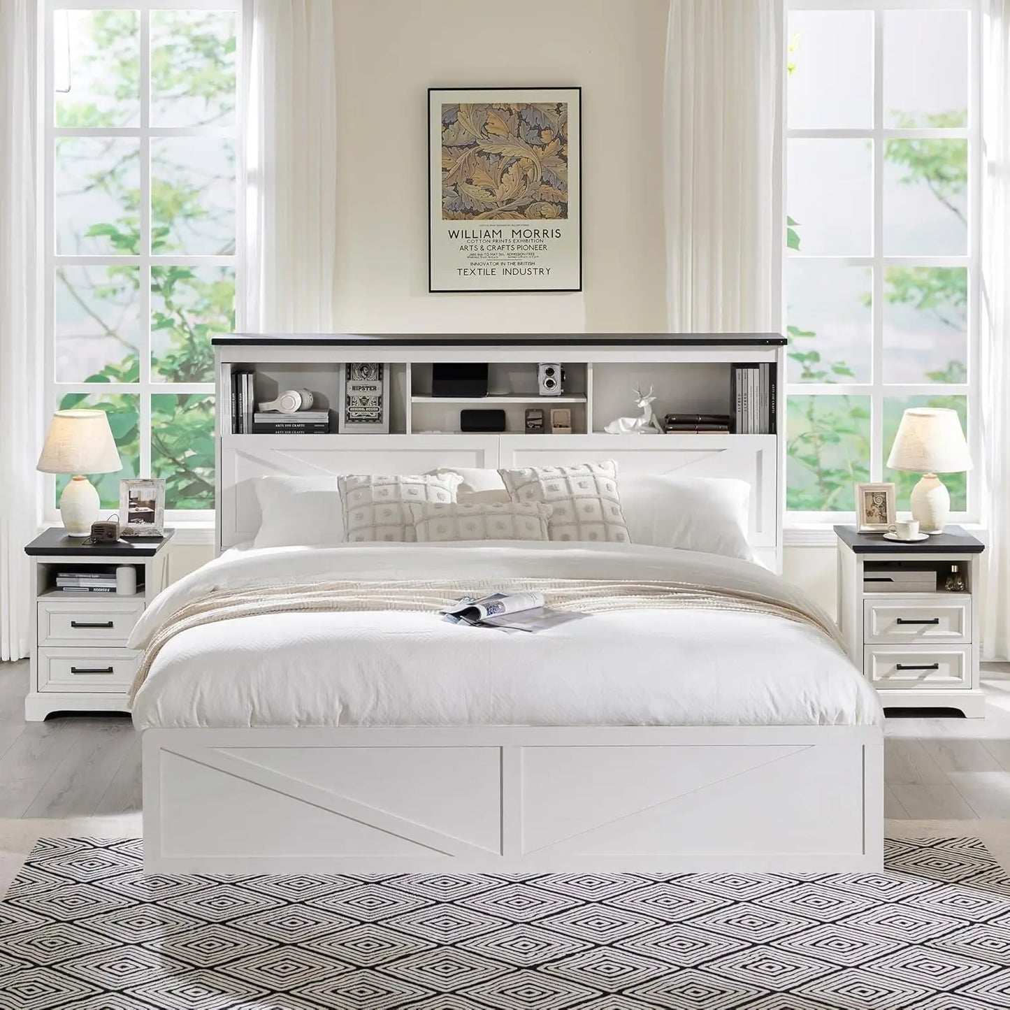 King Size Wood Bed Frame Farmhouse with 52" Tall Storage Bookcase Headboard, LED Light,Charging Station,4 Drawers and Solid