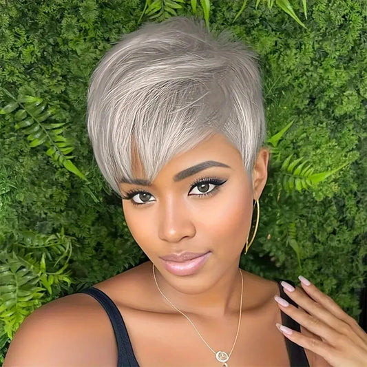 Grey Short Pixie Cut Wig Human Hair Short Layered Pixie Wig For Women 6 Inch