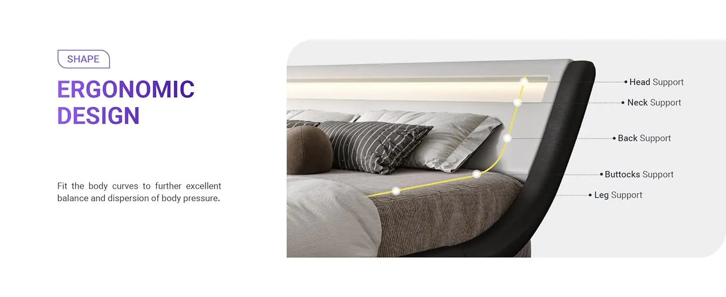King Size LED Platform Bed Frame with Adjustable Headboard/No Box Spring Need/Easy Assembly/Faux Leather in White and Black