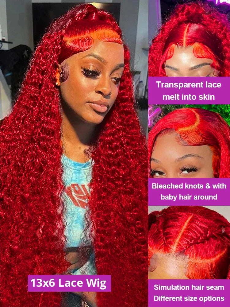 Red 13x6 Lace Frontal Wig Human Hair 13x4 Curly 30 36 Inch HD Transparent Lace Front Wigs Brazilian