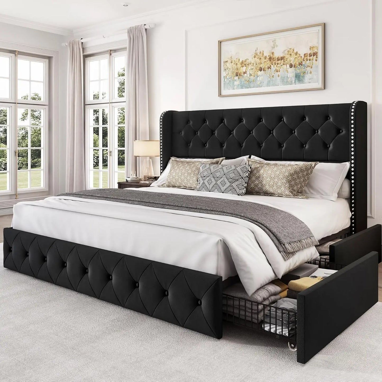 Bedroom Bed, King Size Bed Frame with 4 Storage Drawers and Tufted Headboard Velvet Upholstered Platform Bed Frame Wingback