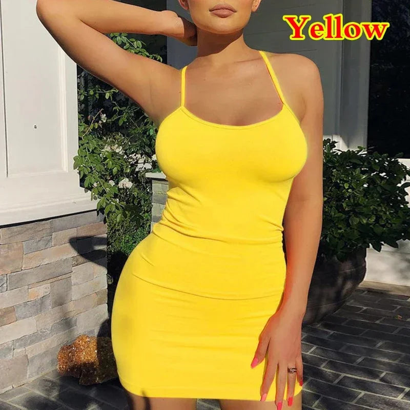 Summer Spaghetti Strap Mini Dress Women Sexy Bodycon Club Party Dresses Short