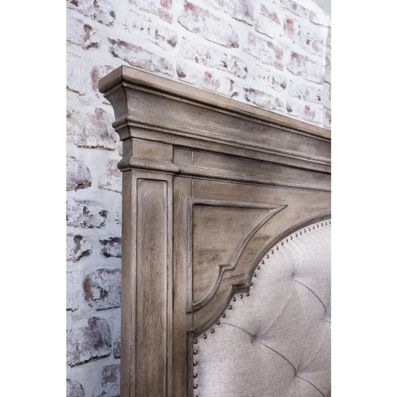 King Bed with Upholstered Button Tufted Headboard and Low Vertical Planked Inset, 83.5" x 90", Farmhouse Style Bed Frame