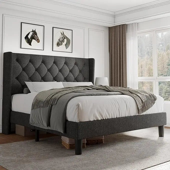 iPormis Full Size Platform Bed Frame with Button Tufted Headboard, Upholstered Bed Frame with Solid Wooden Slats, 8" Underbed Sp