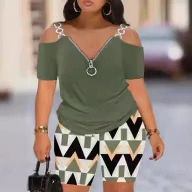 2 Piece Set Women Sexy Off Shoulder Strap short sleeves T-shirt