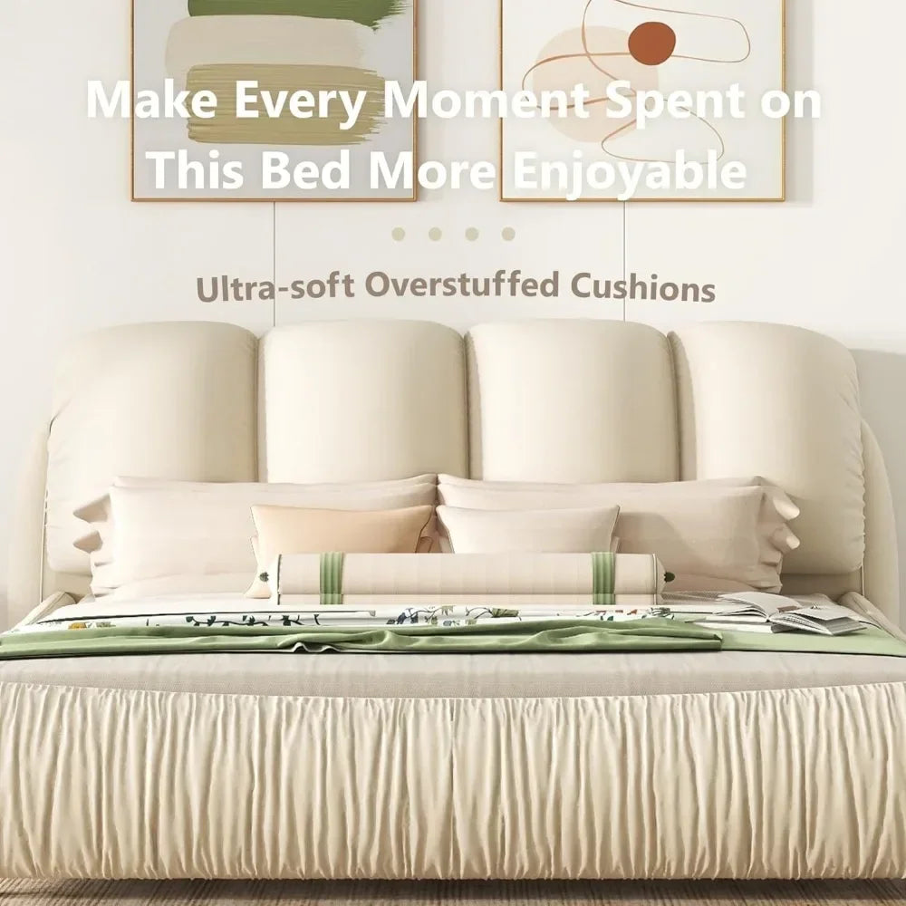 Beige Faux Leather Upholstered Solid Wood Frame Cloud Bed,King Size Platform Bed,Squeak-Free with Overstuffed Padded Headboard
