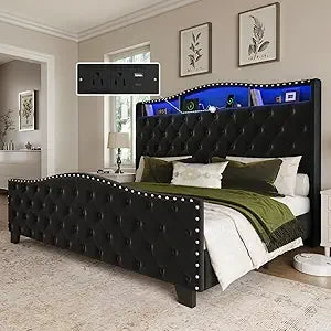 Belffin King Size Bed Frame and Headboard, 50.9" Velvet Upholstered Wingback Bedframe with LED Lights & Storage/Charging Station