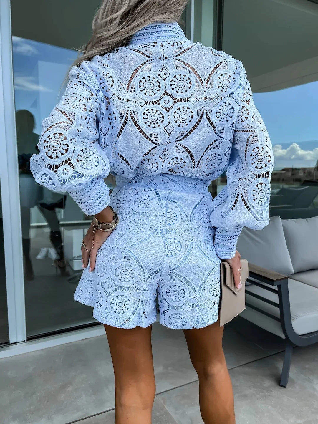 Lace Shirt Single Breasted Long Sleeve Shorts Set Spring Summer Slim Elegant Ladies Office White Shorts 2piece Set