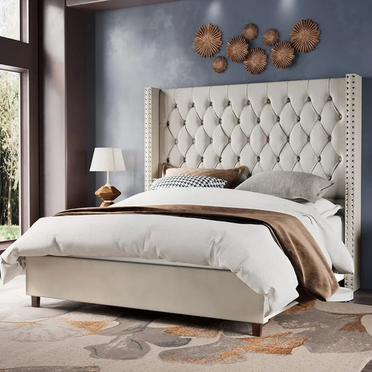 Jocisland Velvet Upholstered Bed Frame King Size 61.4" Tall Headboard King Bed Frame/Deep Button Tufted/No Box Spring Needed/Cre