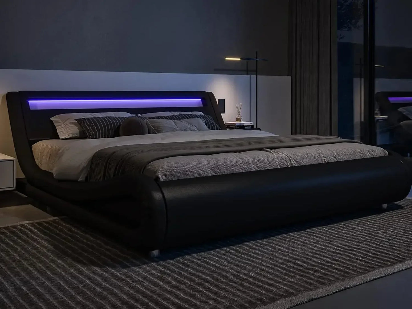 King Size LED Platform Bed Frame with Adjustable Headboard/No Box Spring Need/Easy Assembly/Faux Leather