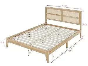 Queen Size Rattan Bed Frame, Natural Wood Bed Frame with Support Legs, Platform Beds with Rattan Headboard, Queen Bed Frame