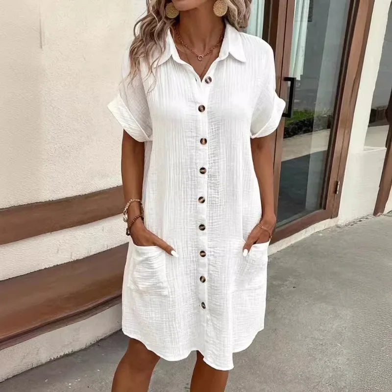 V-neck Button Up Dress Woman Cotton Linen White Short Sleeved Pocket Casual Loose Shirt Dress