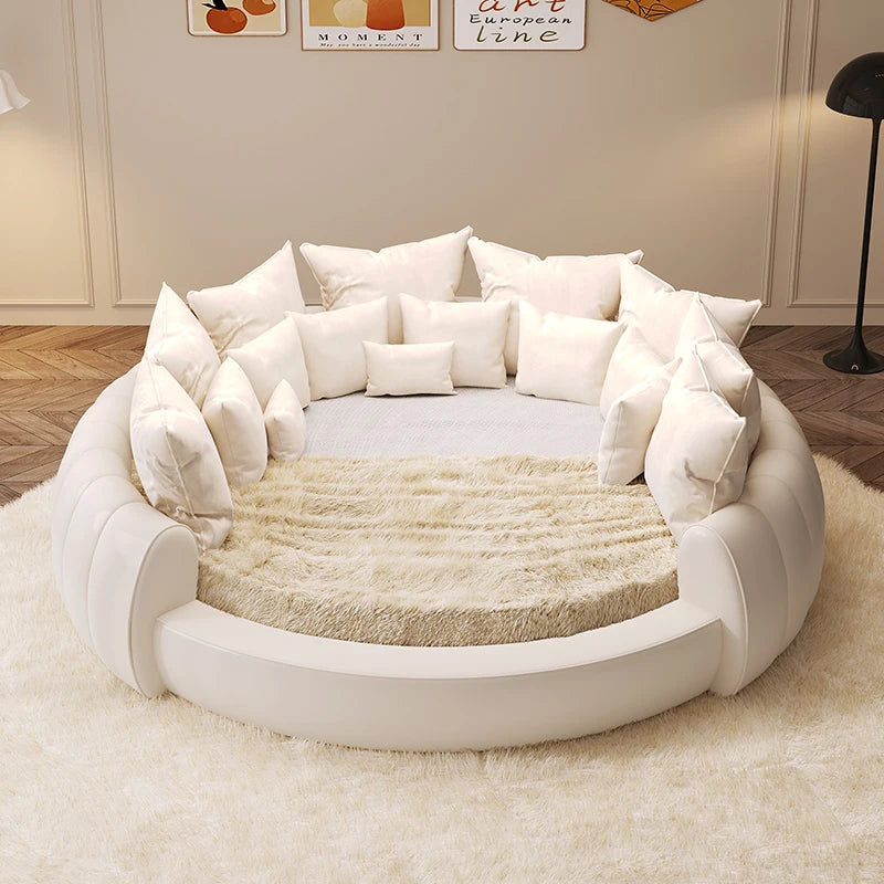 Minimalist Genuine Leather Bed Round Modern King Size American Style Fashionable Bed Light Luxury Wedding Full Lit Furniture