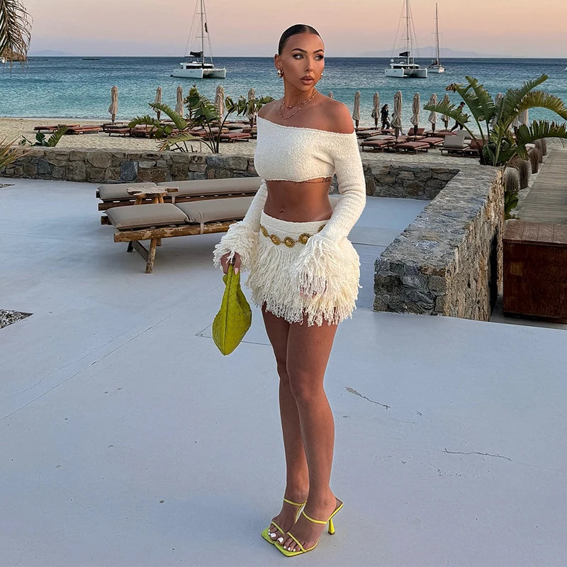 Elegant Tassel Knitted Skirt Set Women Off Shoulder Long Sleeve Crop Top Hip Package Mini Skirts Suit Summer Beach Lady Outfits