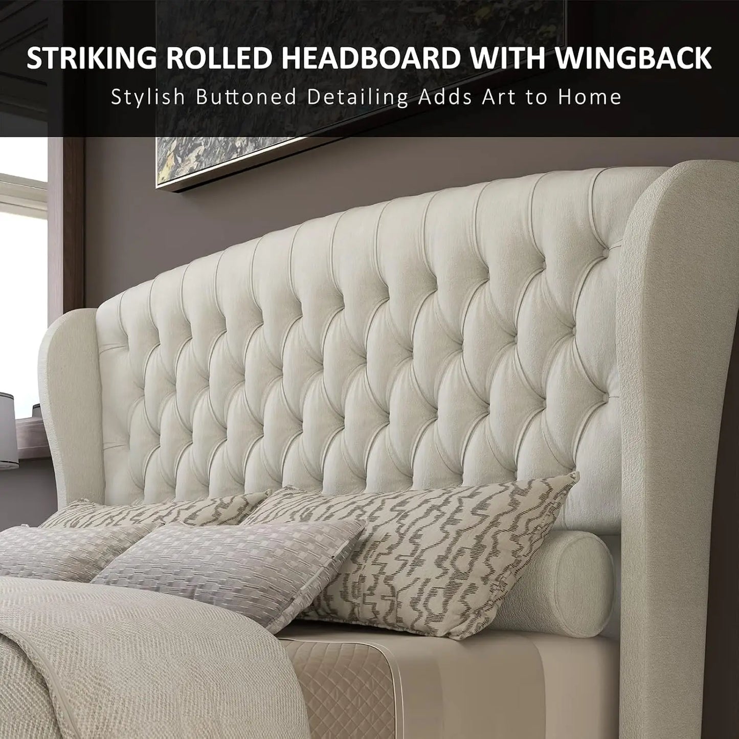 AMERLIFE Queen Size Platform Bed Frame, Chenille Upholstered Sleigh Bed with Wingback Headboard, No Box Spring, Cream