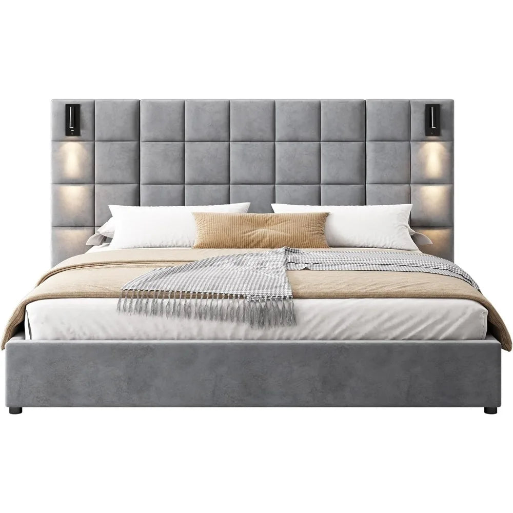 King Size Velvet Platform Bed with Adjustable Reading Lamp and USB Port, Upholstered Platform Bed with Wide Headboard and Wooden