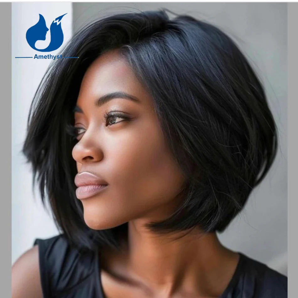 Natural Layered Short Bob with Side Bangs Straight 13x6 Lace Front Human Hair Wigs Straight Bob Pixie Cut