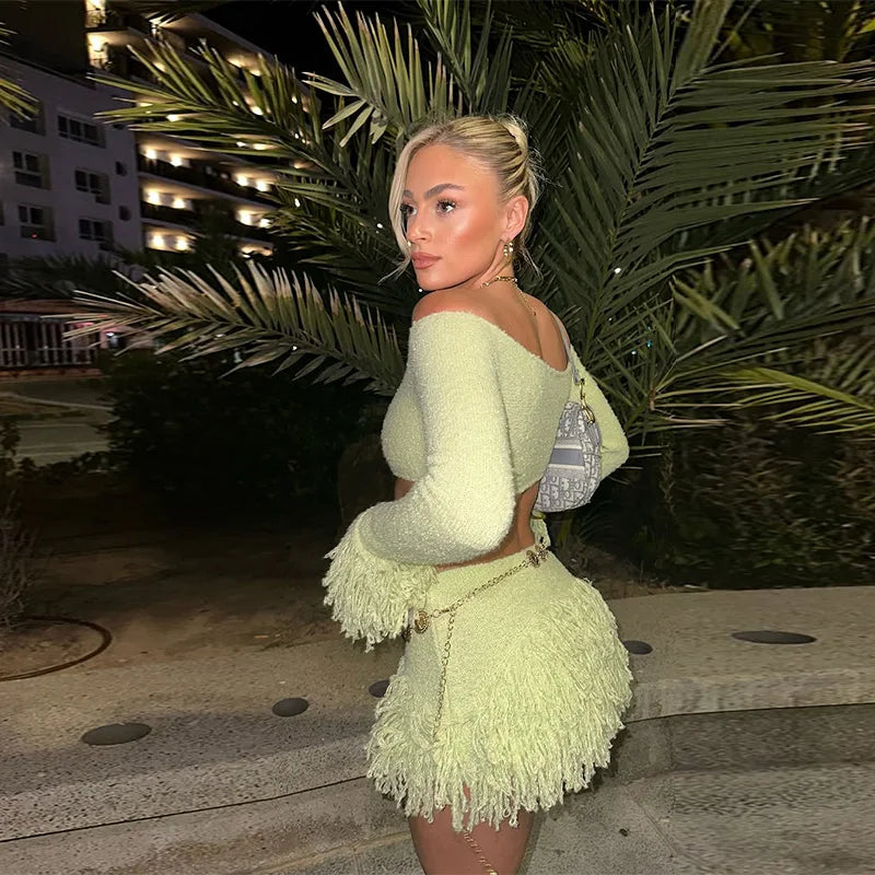 Elegant Tassel Knitted Skirt Set Women Off Shoulder Long Sleeve Crop Top Hip Package Mini Skirts Suit Summer Beach Lady Outfits