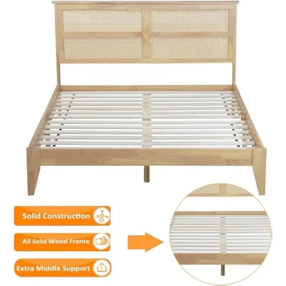 Queen Size Rattan Bed Frame, Natural Wood Bed Frame with Support Legs, Platform Beds with Rattan Headboard, Queen Bed Frame