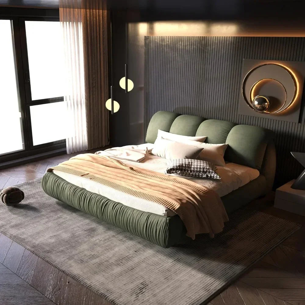 Luxury  Upholstered Platform Bed with Oversized Padded Backrest, Soft Frame Cloud Bed,Pinewooden Slats and Metal Leg