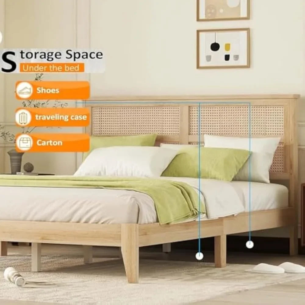 Queen Size Rattan Bed Frame, Natural Wood Bed Frame with Support Legs, Platform Beds with Rattan Headboard, Queen Bed Frame