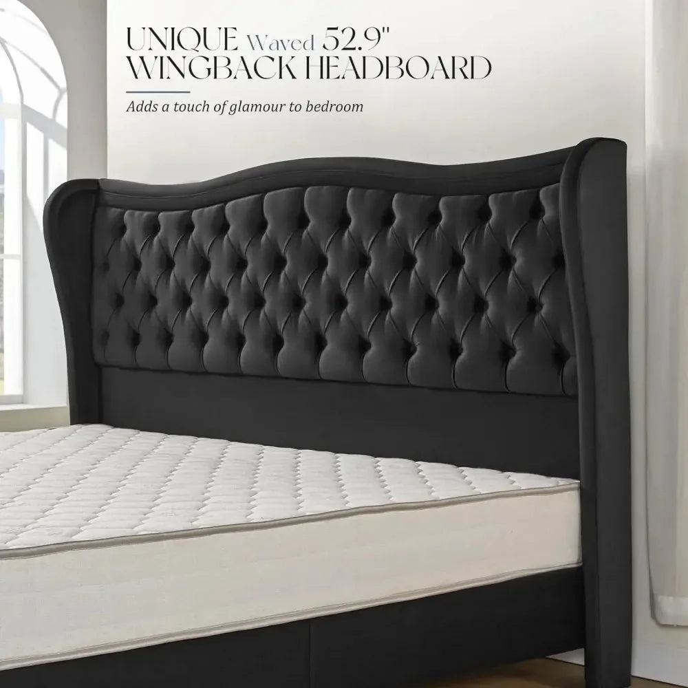 Platform Bed Frame, Wavy Velvet Wingback Upholstered Bed with Handmade Deep Button Tufted High Headboard & Footboard