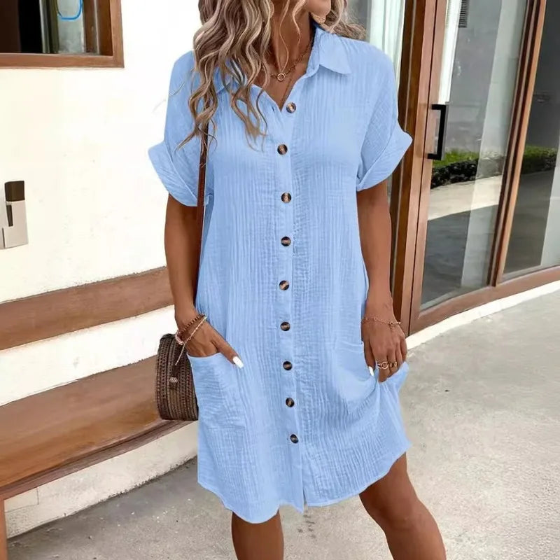 V-neck Button Up Dress Woman Cotton Linen White Short Sleeved Pocket Casual Loose Shirt Dress