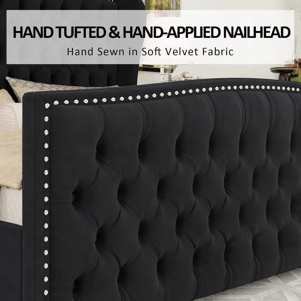 AMERLIFE Queen Size Platform Bed Frame, Velvet Upholstered Bed with Deep Button Tufted & Nailhead Trim Wingback Headboard/No Box