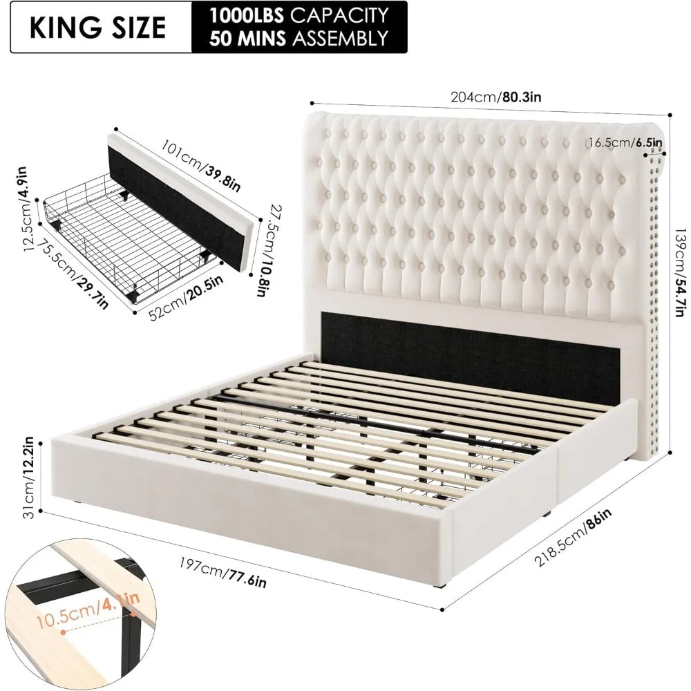 King Size Bed Frame, 55" Tall Headboard, Velvet Fabric Upholstered Bed Frame Includes Storage Drawers, Wooden Slats, Bed Frame