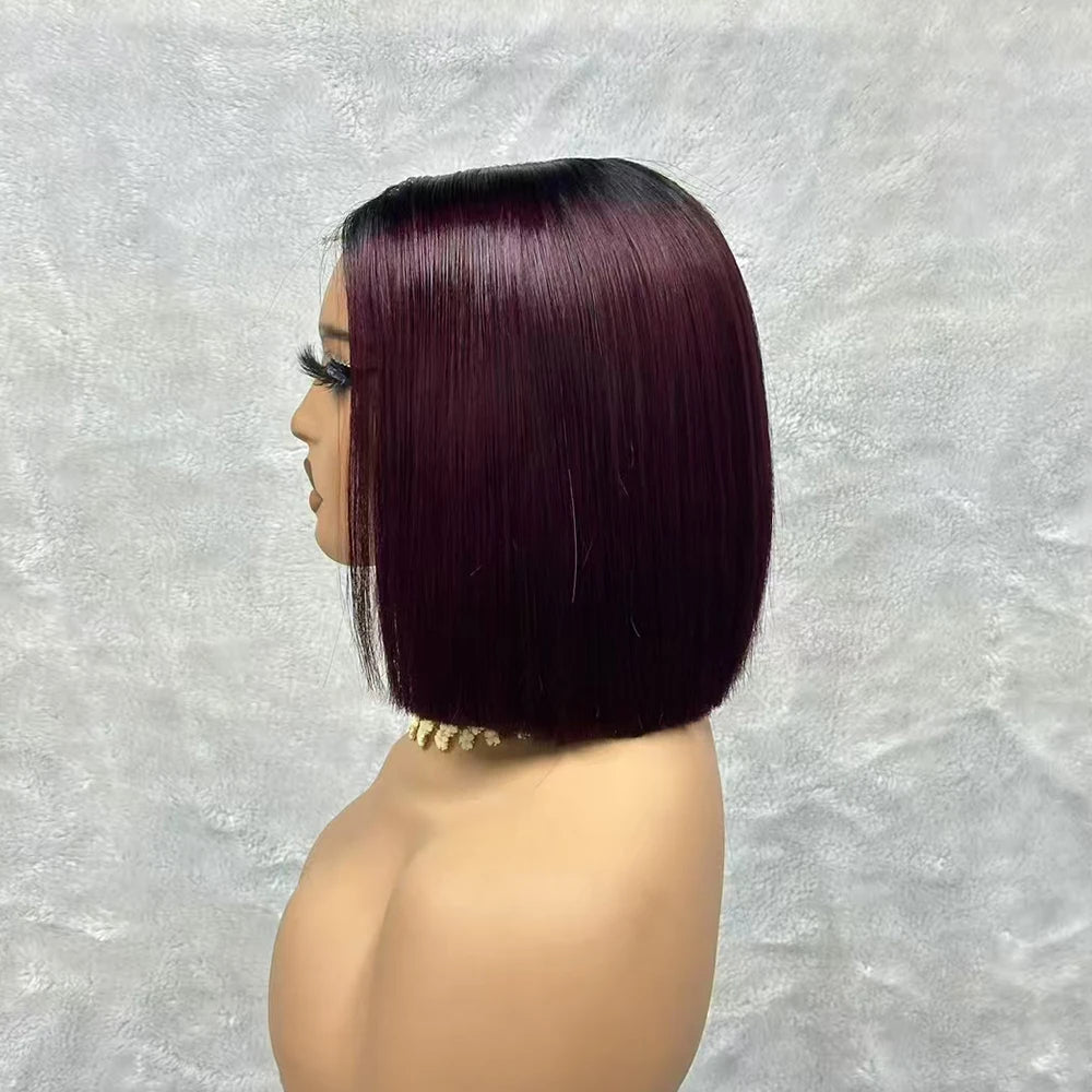 Wine Red Short Bob Human Hair Wig Virgin Brazilian Bone Straight Bob Hair Wig 2x6 Lace Closure Wigs