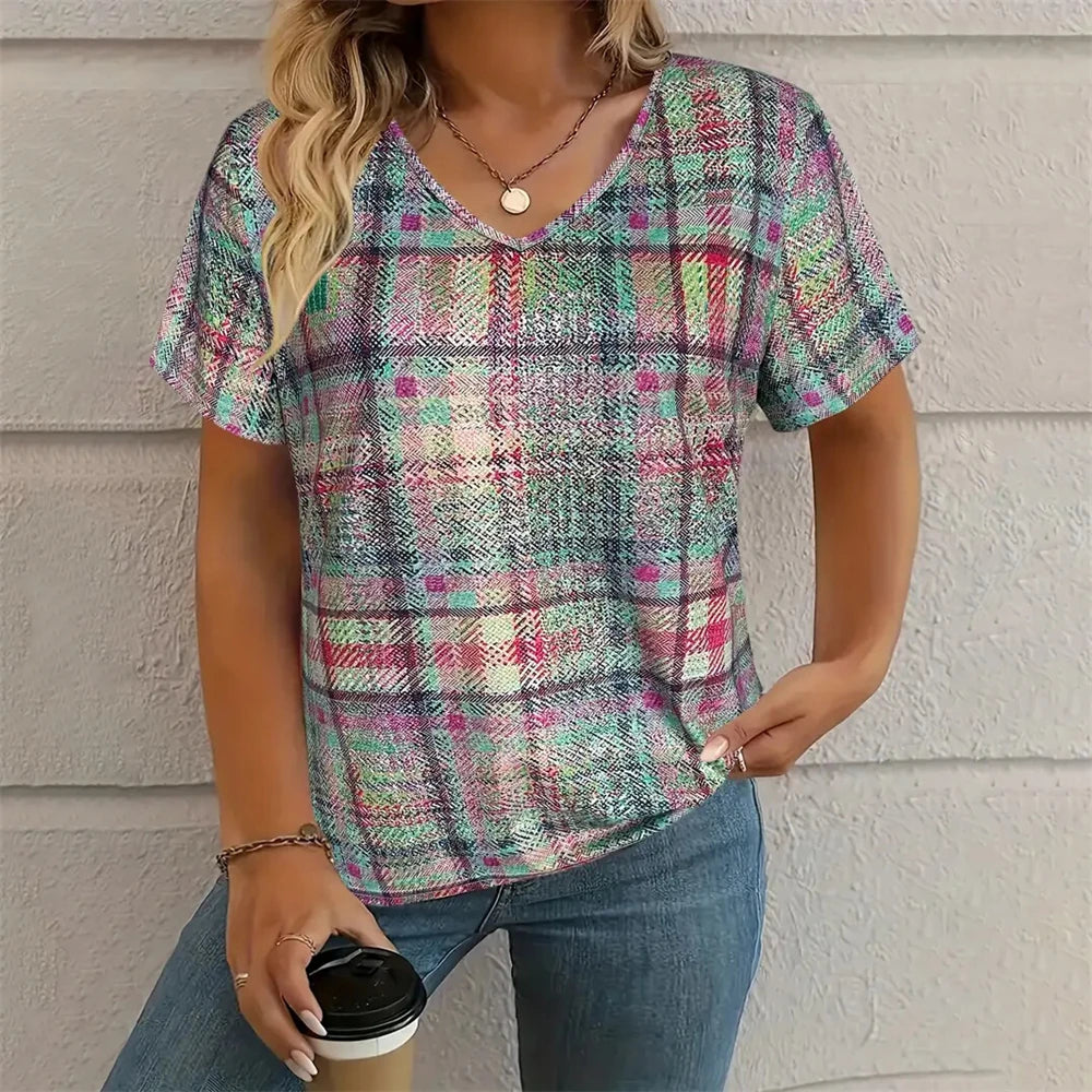 Printed Women's V-Neck Short Sleeve Women's Loose Shirt