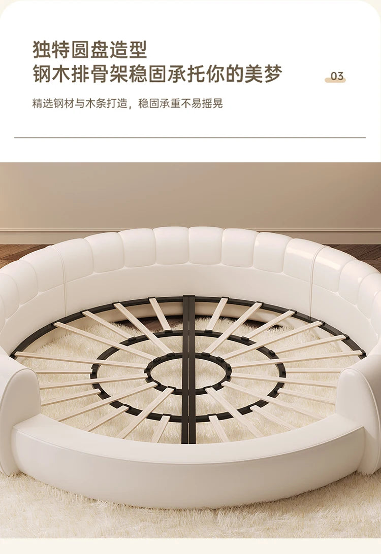 Minimalist Genuine Leather Bed Round Modern King Size American Style Fashionable Bed Light Luxury Wedding Full Lit Furniture