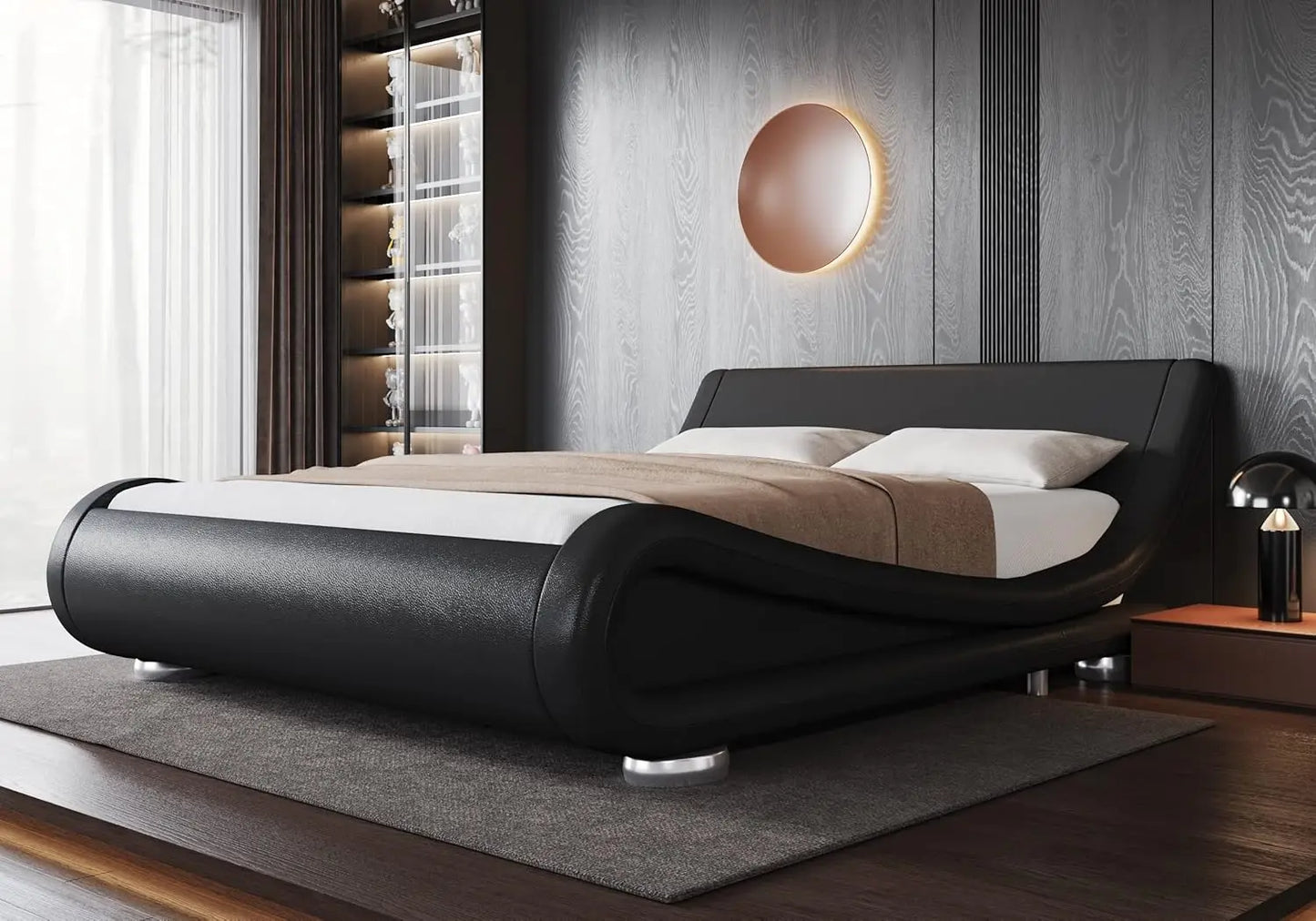 Queen Size Bed Frame with Ergonomic & Adjustable Headboard, Low Profile Modern Upholstered Platform Sleigh Design