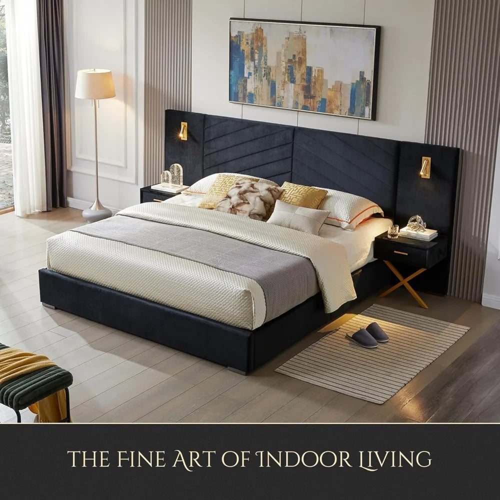 King Platform Bed Frame, Velvet Upholstered Headboard with 2 Built-in Wall Sconces & Nightstands, Sturdy Metal & Solid