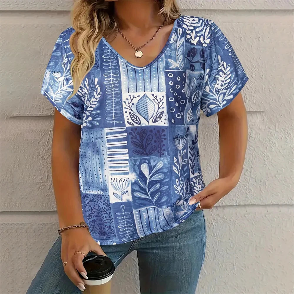 Printed Women's V-Neck Short Sleeve Women's Loose Shirt
